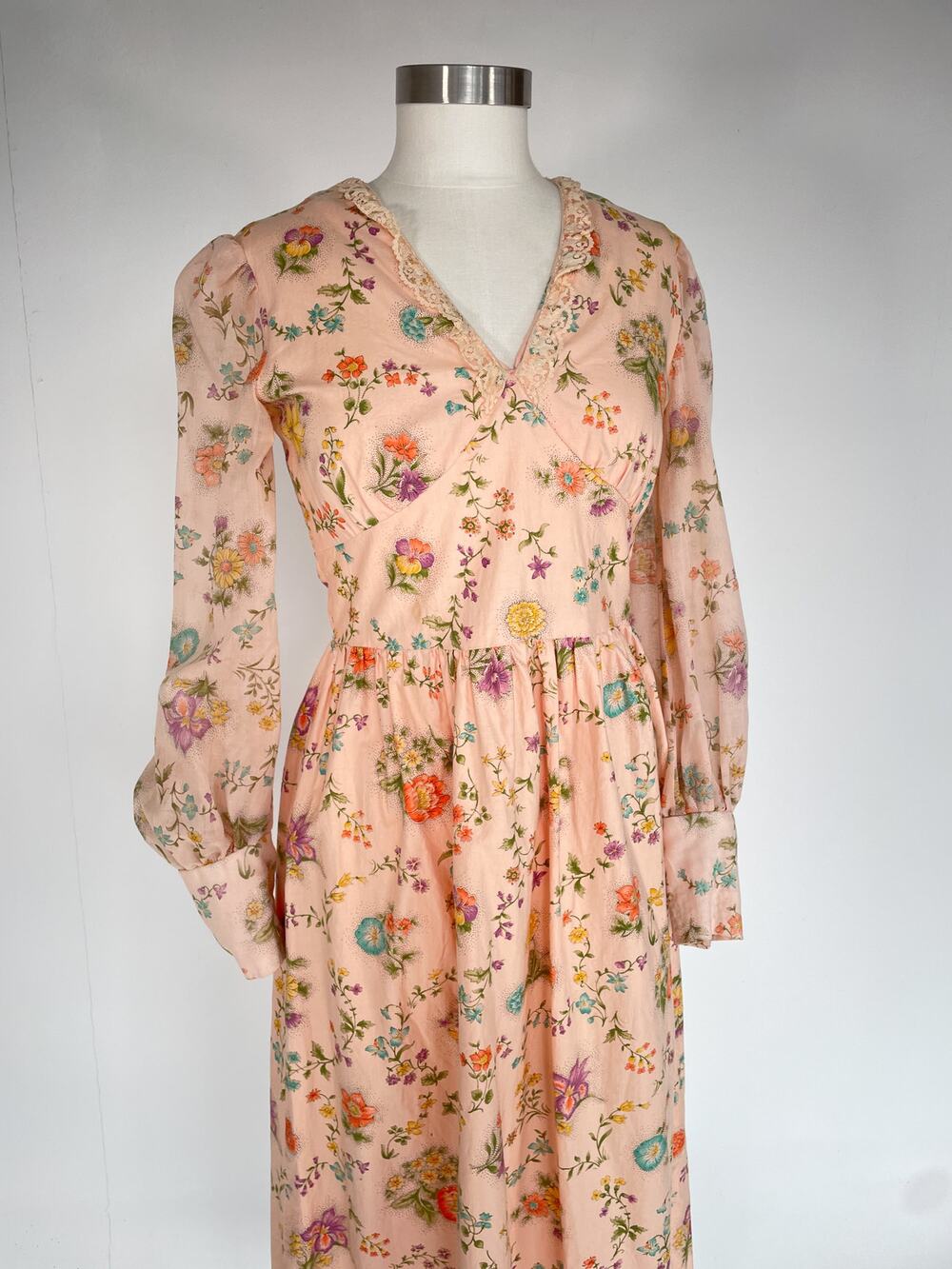 Vtg 70's Pastel Floral Empire Waist Long Sleeve Maxi Dress Hippie Boho Sz S/M